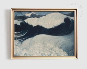 Vintage Coastal Waves Art Print | Moody Ocean Painting (Digital Download)