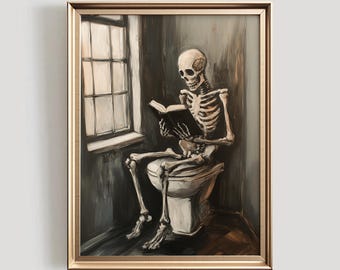 Funny Skeleton Bathroom Print | Reading on Toilet, Halloween Decor (Digital Download)