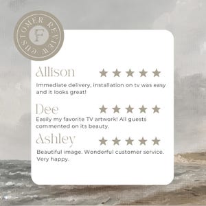 May include: Customer reviews for a digital artwork featuring a seascape. The reviews are positive, with customers praising the artwork's beauty, ease of installation, and customer service.