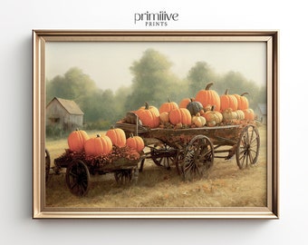 Pumpkin Digital Print, Country Wagon Wall Art, Autumn Landscape Wall Decor, Farmhouse Printable Art, Fall Farm Home Decor, Seasonal Wall Art