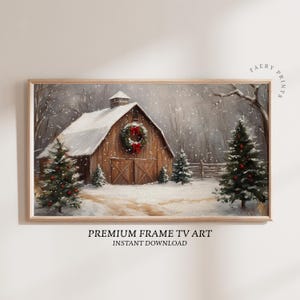 Peut inclure: Impression numérique encadrée d'une scène hivernale enneigée. Une grange en bois, ornée d'une couronne, est le point central. Le texte "PREMIUM FRAME TV ART" et "INSTANT DOWNLOAD" est inclus. L'œuvre évoque une ambiance festive.