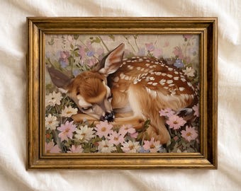 May include: A framed painting of a sleeping fawn nestled among pink, white, and purple flowers. The fawn has brown fur with white spots and is framed in a gold-colored wooden frame. The artwork evokes a sense of peace and tranquility.