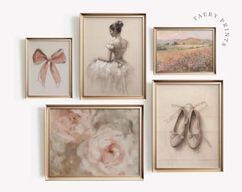 May include: A set of five framed prints with a neutral colour palette. The prints feature a ballerina, a field of flowers, a pair of ballet shoes, a bow, and a floral design.