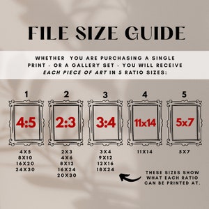 May include: A chart showing five different aspect ratios for digital art prints. The ratios are 4:5, 2:3, 3:4, 11x14, and 5x7. Each ratio is shown with a corresponding set of dimensions in inches, such as 4x5, 8x10, 16x20, and 24x30.