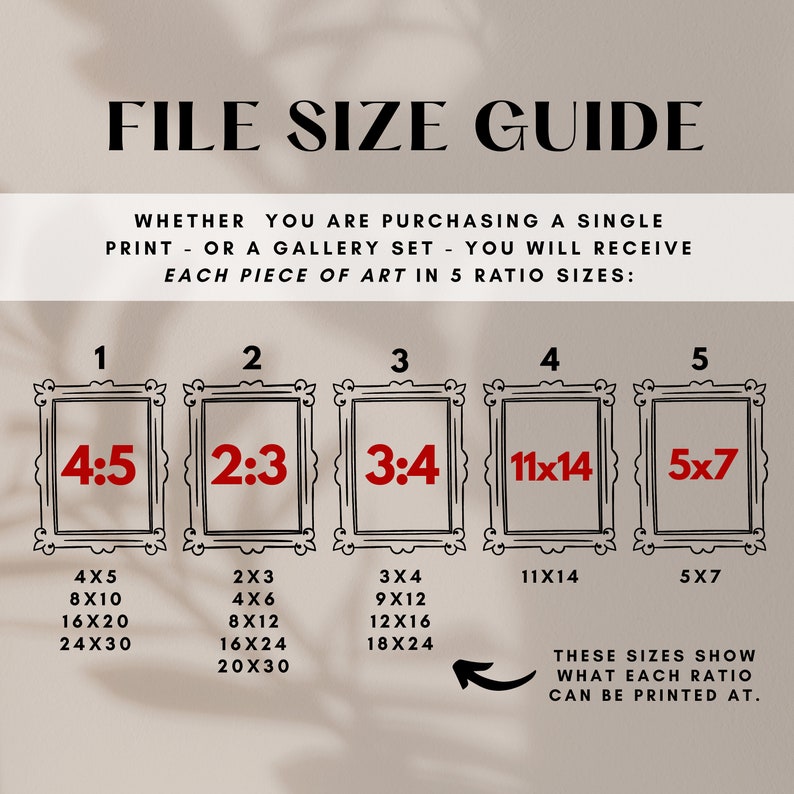 May include: A chart showing five different aspect ratios for digital art prints. The ratios are 4:5, 2:3, 3:4, 11x14, and 5x7. Each ratio is shown with a corresponding set of dimensions in inches, such as 4x5, 8x10, 16x20, and 24x30.