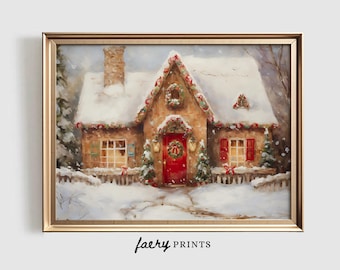 May include: A framed painting depicting a snow-covered cottage adorned with festive decorations. The cottage features a red door, a snow-laden roof, and a stone facade. A white picket fence surrounds the cottage. The text "faery PRINTS" is visible.