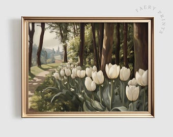 White Tulip Garden Scene Art Print | Cottagecore Spring (Digital Download)