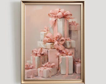 Pink Christmas Presents Art Print | Pastel Holiday Decor (Printable)