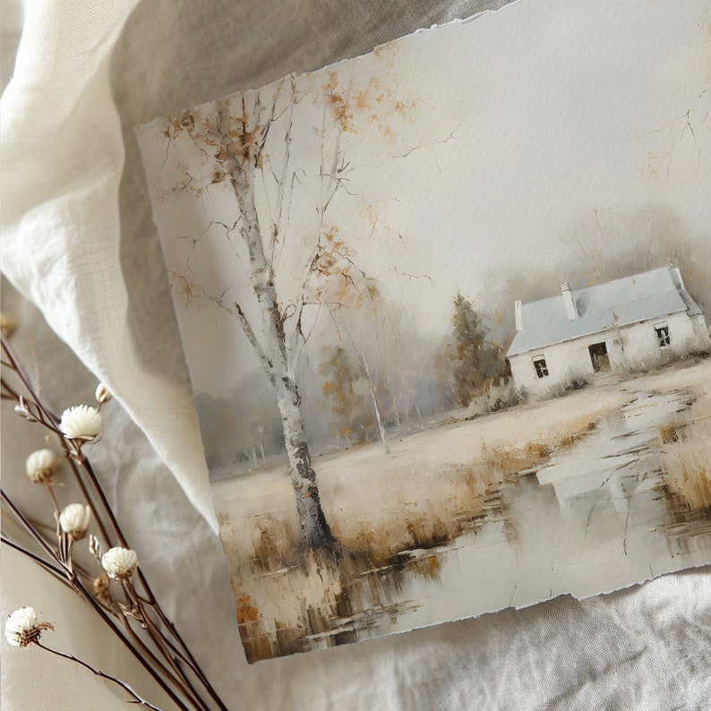 May include: A watercolor painting of a white cottage with a gray roof in a snowy landscape. A birch tree stands in the foreground, with its branches reaching towards the sky. The painting has a soft, dreamy feel.