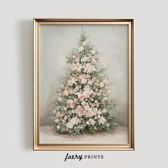 Blumen Weihnachtsbaum Druck | Pastell Rosa Holiday Art (Digitaler Download)