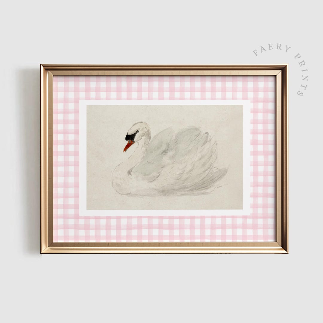 Vintage Swan Nursery Print | Pink Gingham Girls Room Decor (digital ...