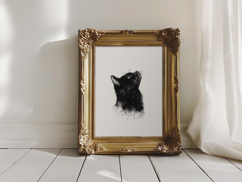 May include: A black and white illustration of a cat looking up, framed in a gold ornate frame.