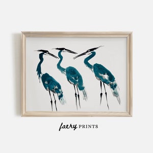 Blue Heron Watercolor PRINTABLE Wall Art | Coastal Beach House Heron Painting | Vintage Teal Bird Painting | #814