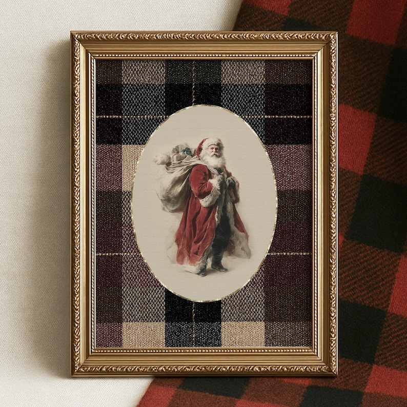 May include: A framed print featuring Santa Claus carrying a sack of toys. The image is set within an oval frame, surrounded by a gold-colored frame. The background is a plaid pattern in shades of black, brown, and burgundy.