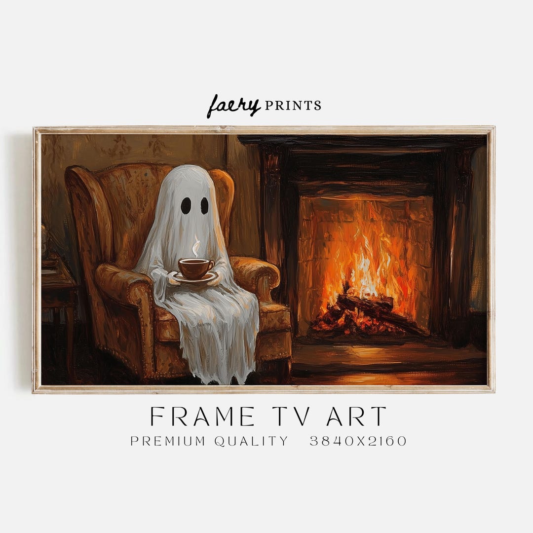 Ghost by Fireplace Frame TV Art | Whimsical Halloween Decor