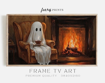 May include: A white ghost wearing a sheet sits in a brown armchair in front of a fireplace. The ghost is holding a cup of steaming liquid. The fireplace is lit with flames and embers.