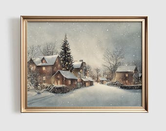 Winter Print, Watercolor Christmas Art, Snow Home Decor, Printable Wall Art, Winter Village Home Decor, Snowy Winter Artwork Digital Print