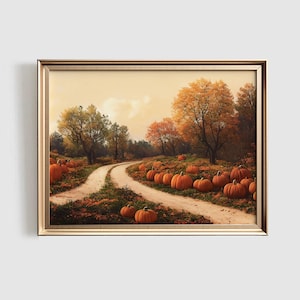 May include: A painting of a winding dirt road through a field of pumpkins in the fall. The road is lined with trees with orange, yellow, and red leaves. The pumpkins are orange and scattered throughout the field.