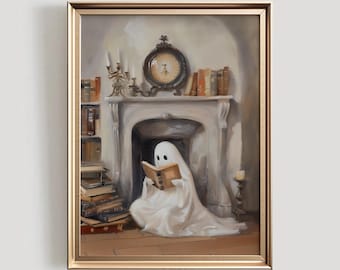 Ghost Reading Book Halloween Art Print | Library Decor (Digital Download)