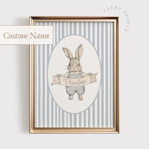 Stampa personalizzata per la cameretta dei bambini con nome / Stampa artistica da parete con coniglio vintage per la cameretta dei bambini / Decorazione per la cameretta dei bambini blu / Arte personalizzata / Stampa per bambini / #1228