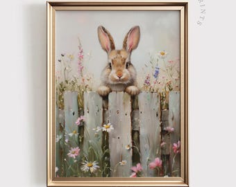 May include: A brown rabbit with long ears peeks over a weathered wooden fence. The fence is surrounded by a field of wildflowers in shades of pink, purple, and white.