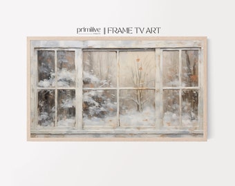 Könnte beinhalten: Ein gerahmtes Gemälde, das eine verschneite Winterlandschaft zeigt, die durch ein Fenster mit mehreren Fensterscheiben betrachtet wird. Das Fenster ist im rustikalen Stil mit weißer Farbe und sichtbarer Holzmaserung bemalt. Die Szene außerhalb des Fensters ist ein verschneiter Wald mit Bäumen und Ästen, die mit Schnee bedeckt sind.