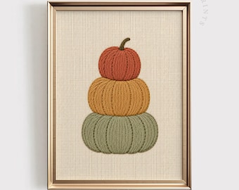 Stacked Pumpkin Wall Art: Colorful Fall Home Decor, Embroidered Autumn PRINTABLE Art, Thanksgiving Decor (Digital Download)