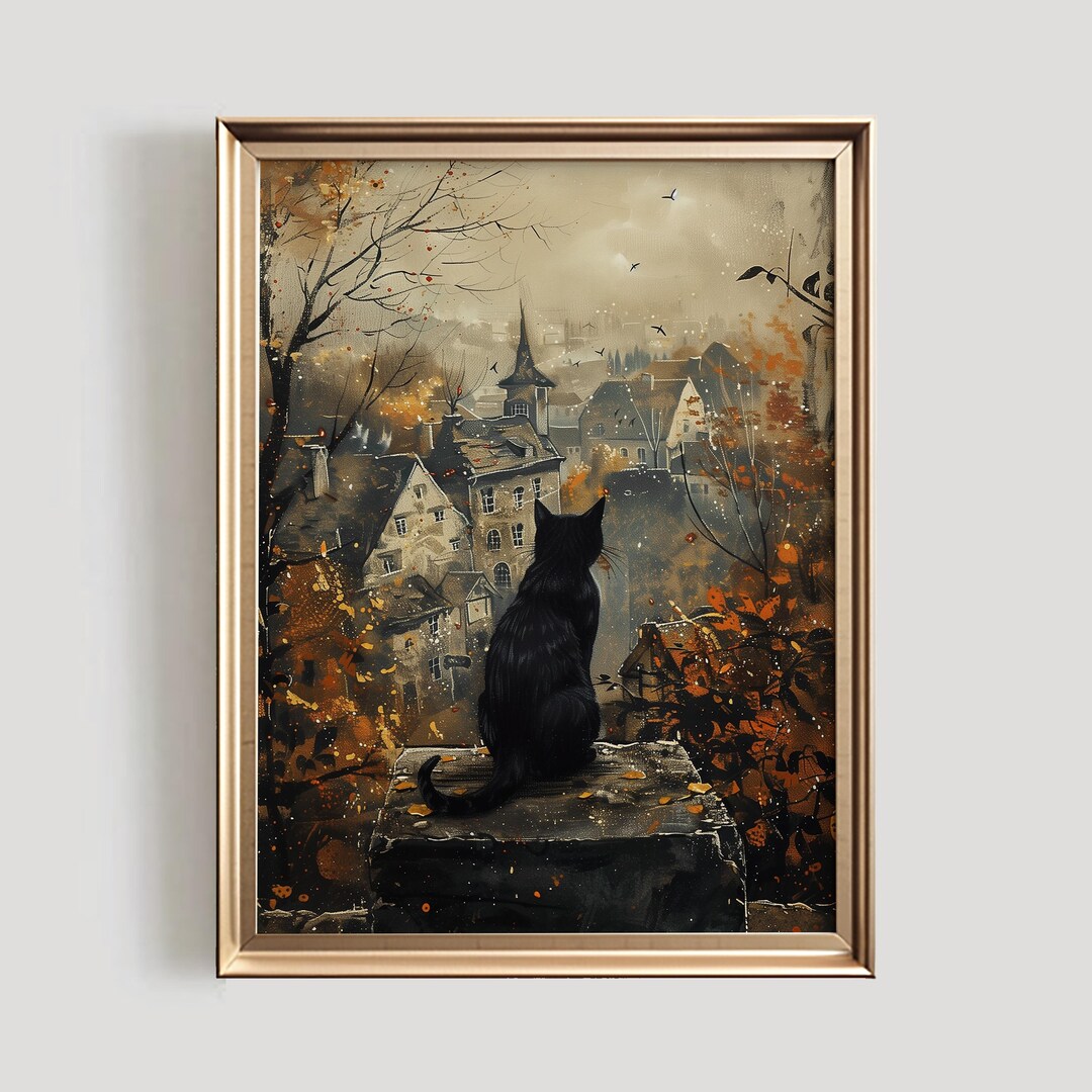 Black Cat Autumn Town Print | Spooky Halloween Wall Art (digital ...