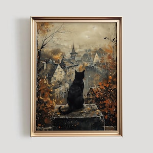 ハロウィン黒猫プリント | ダークフォールプリントウォールアート | キュートで不気味な秋のホームデコレーション | 猫のハロウィンデコレーション | #944