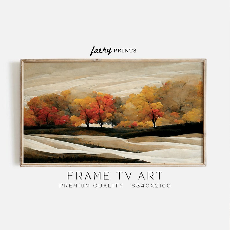 Puede incluir: Una pintura digital de un paisaje con una fila de &aacute;rboles en colores oto&ntilde;ales. Los &aacute;rboles est&aacute;n en tonos de amarillo, naranja y rojo. El fondo es un marr&oacute;n suave y apagado con un toque de azul. La pintura est&aacute; enmarcada en un marco de madera claro.