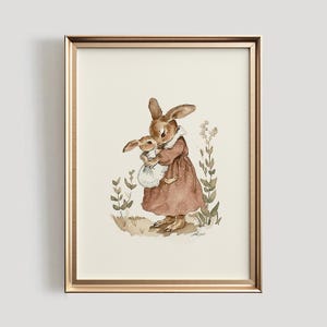 Lámina de conejo para guardería / Arte de pared imprimible de estilo vintage para guardería / Lámina de mamá y bebé / Decoración antigua para guardería / Lámina para guardería de niñas / N.° 918