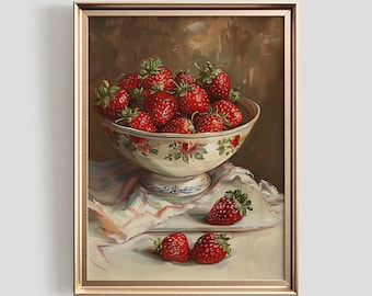 Vintage Strawberry Bowl Painting | Printable Kitchen Wall Art