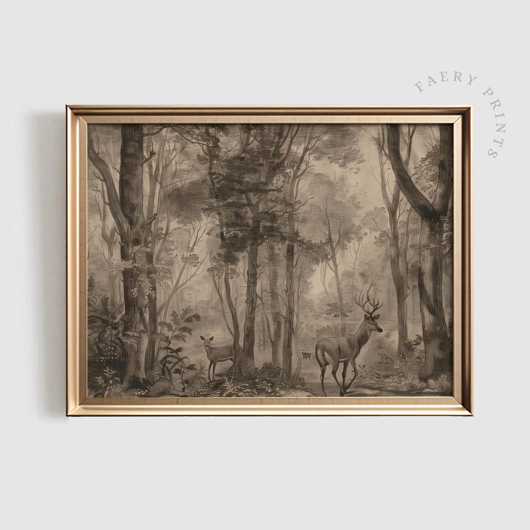 Vintage Deer Woodland Print | Moody Antique Forest Landscape (printable ...
