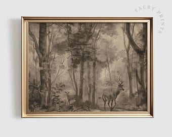 Vintage Deer Woodland Print | Moody Antique Forest Landscape (Printable Wall Art)
