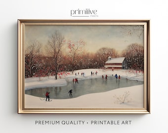Impression d'hiver | Art mural imprimable | Peinture de paysage de patinage sur glace | Décoration d'intérieur saisonnière | Oeuvre d'art numérique hivernale | #373