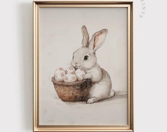 Watercolor Easter Bunny Print | Vintage Cottagecore Decor (Digital Download)