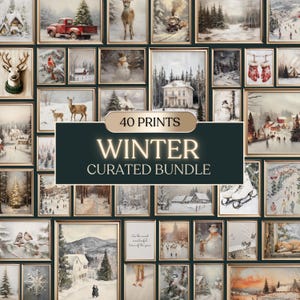 May include: A collection of 40 framed winter-themed art prints. The images depict snowy landscapes, animals, and festive scenes. The text on the image reads "Winter Curated Bundle". The prints are in various sizes and styles.