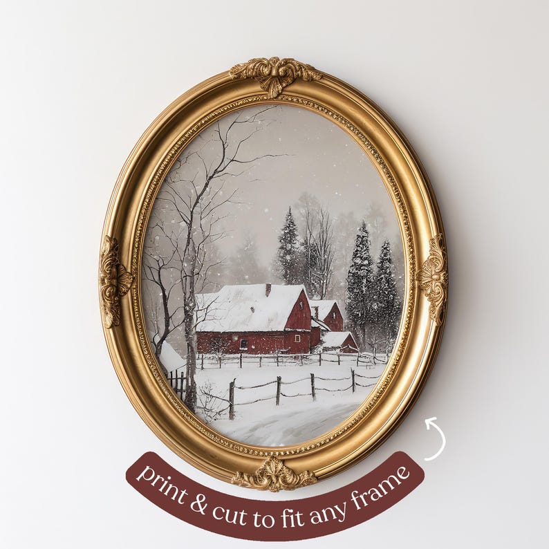 Winter Farmhouse Printable Art | Vintage Red Barn Christmas Decor ...