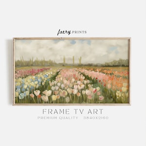 May include: A painting depicting a field of colourful tulips in shades of pink, yellow, blue, and orange. The tulips are arranged in rows and the background is a soft, cloudy sky.