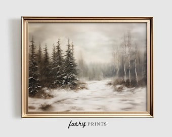 May include: A framed painting of a snowy forest scene with tall evergreen trees in the foreground and a hazy, white background.