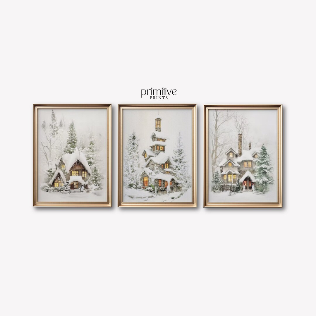 Winter Homes Watercolor Prints | Set of 3 Snowy Landscape Art (digital ...