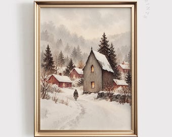 Vintage Winter Cottage PRINTABLE Art: Snowy Landscape Christmas Holiday Decor (Digital Download)