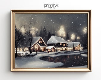 Impresión de invierno / Arte del pueblo de Navidad / Arte de pared IMPRIMIBLE / Decoración del hogar nevado / Pintura de la noche de invierno / Impresión digital de la noche silenciosa / #360