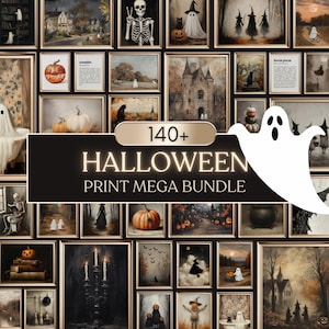 May include: A digital collection of 140+ Halloween-themed wall art prints featuring ghosts, skeletons, pumpkins, witches, haunted houses, and black cats in gold frames, with the text 140+ HALLOWEEN PRINT MEGA BUNDLE displayed prominently.