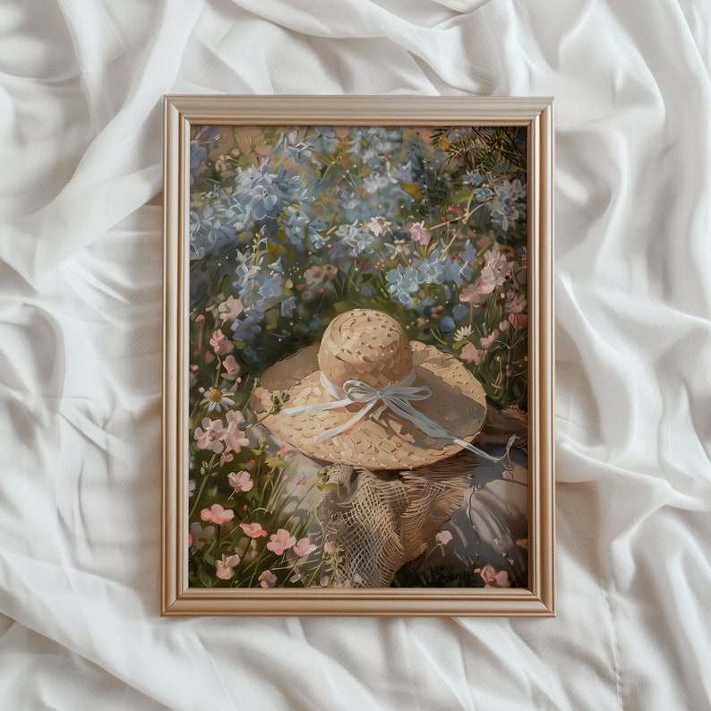 Art mural imprimable Spring Wilflower Meadow Chapeau de paille clair Academia Paysage fleuri Décoration printanière Coquette esthétique 830 image 1