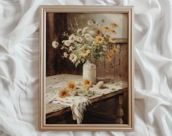 Sunflower Vase Print | Rustic Farmhouse Still Life (Digital Download)