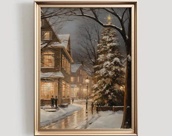 Christmas Town Print | Winter PRINTABLE Wall Art | Vintage Style Christmas Village Print | Holiday Painting | Seasonal Home Decor | #626