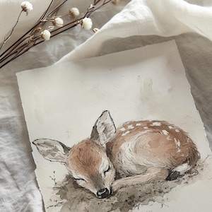 May include: A watercolour painting of a fawn sleeping on the ground. The fawn is brown with white spots and has its eyes closed. The background is a light brown colour.