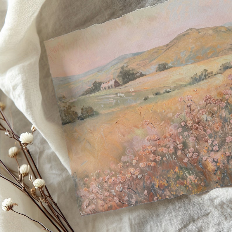 Pastel Wildflower Landscape Print Vintage PRINTABLE Wall Art Farmhouse Landscape Art Print Peach Pink Nursery Decor 870 image 4