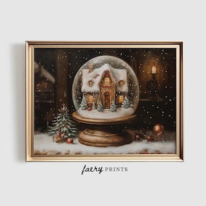 Christmas Art Print | PRINTABLE Wall Art | Snow Globe Painting | Cozy Christmas Decor | Festive Gingerbread House Wall Art | #650